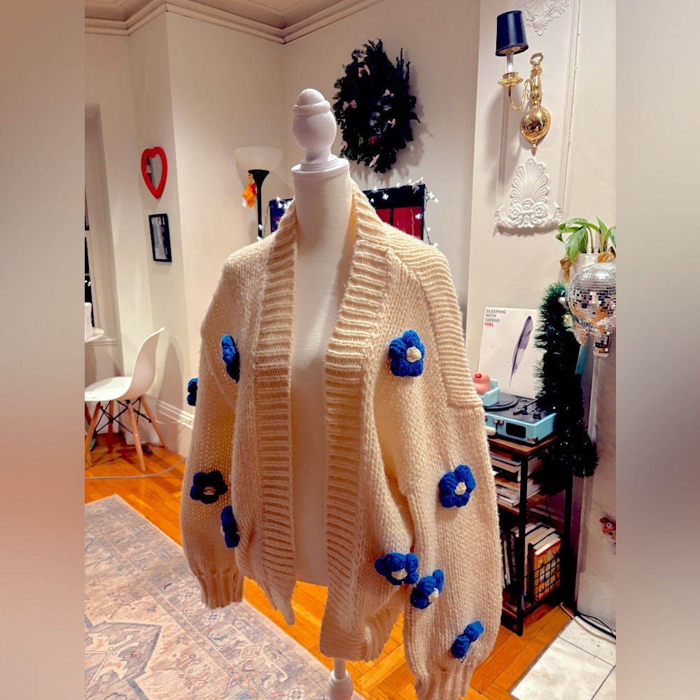 Warm Handwoven Cardigan with handwoven royal blue 3D flowers.